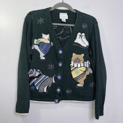 Christopher & Banks Ice Skating Cats Green Cardigan Womens Size Small Mittens