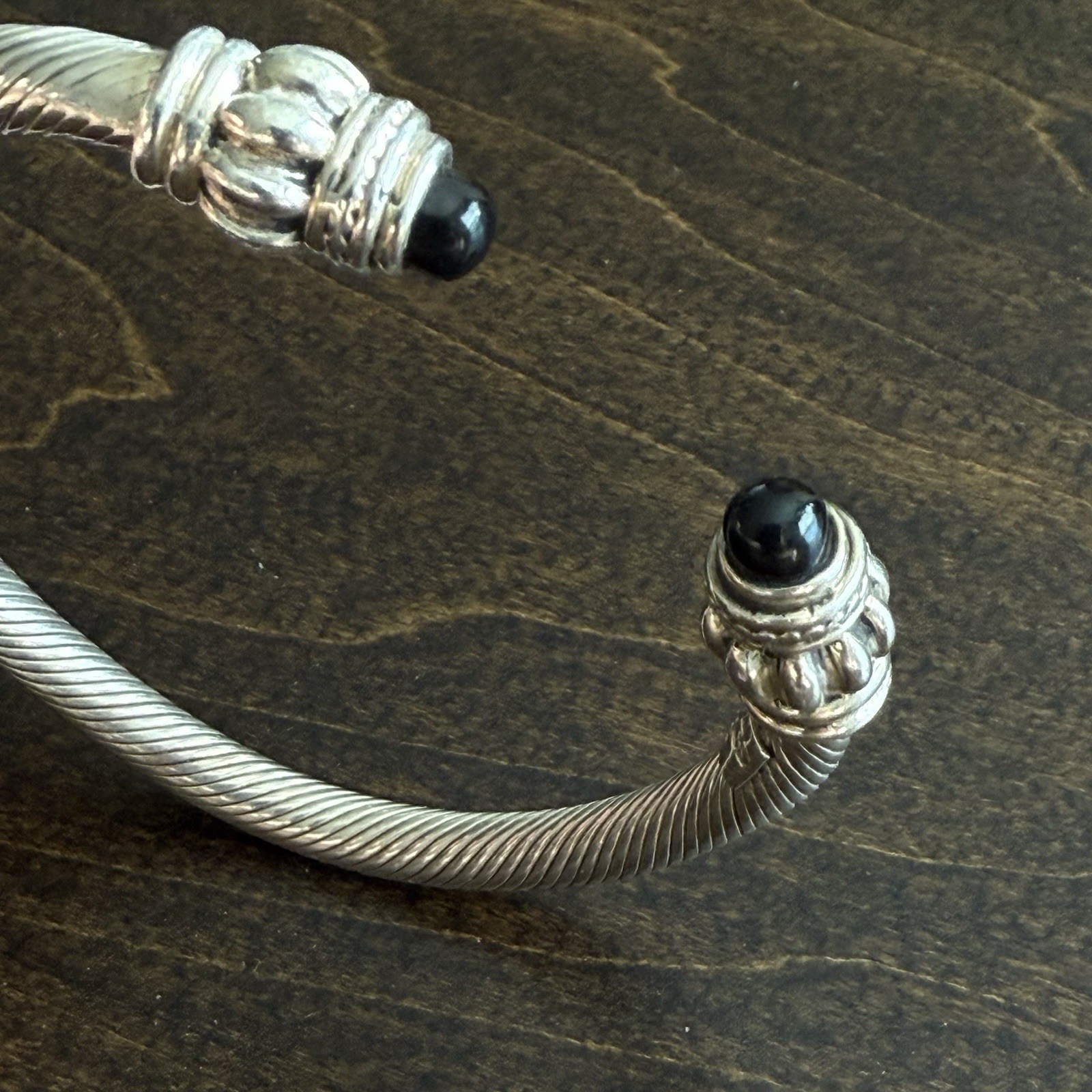 Sterling Silver Unsigned Cable Cuff Black Onyx Ba… - image 2