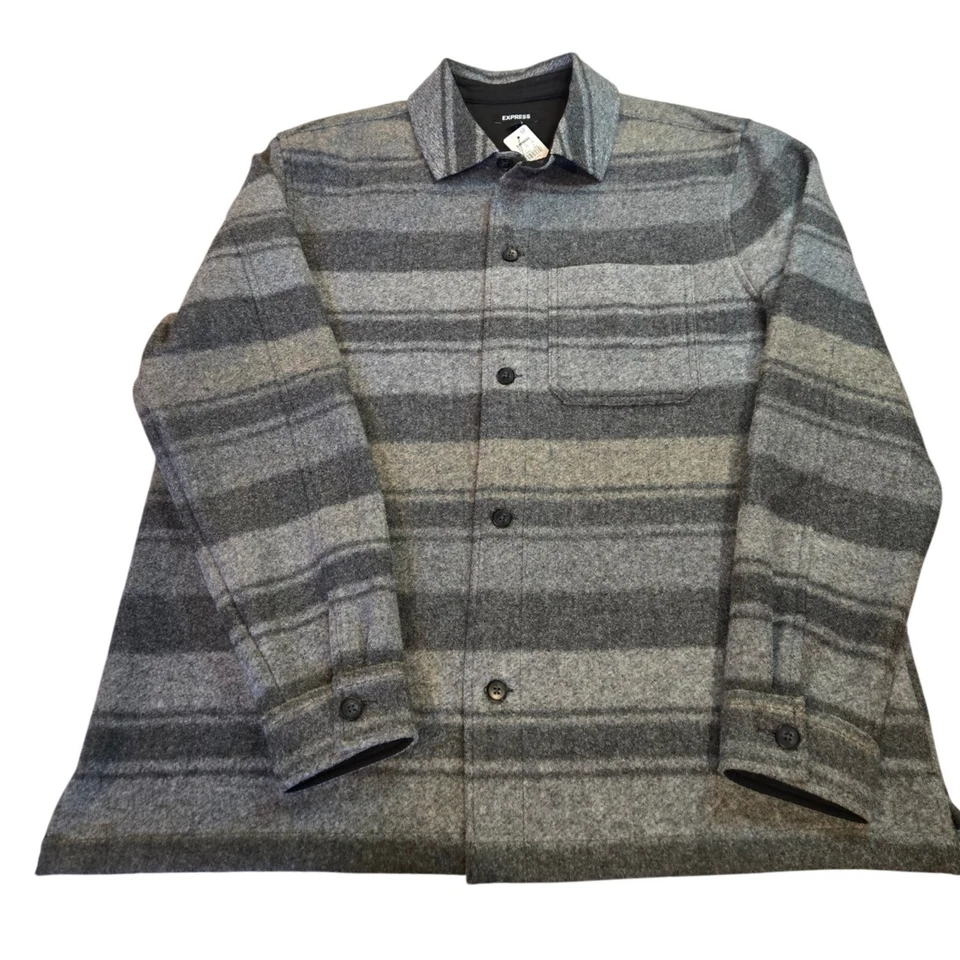 Express Para Hombre Gris Rayas Abotonadas Camisa Chaqueta XL Sobrecamisa Mezcla Lana Foto 2 de 4