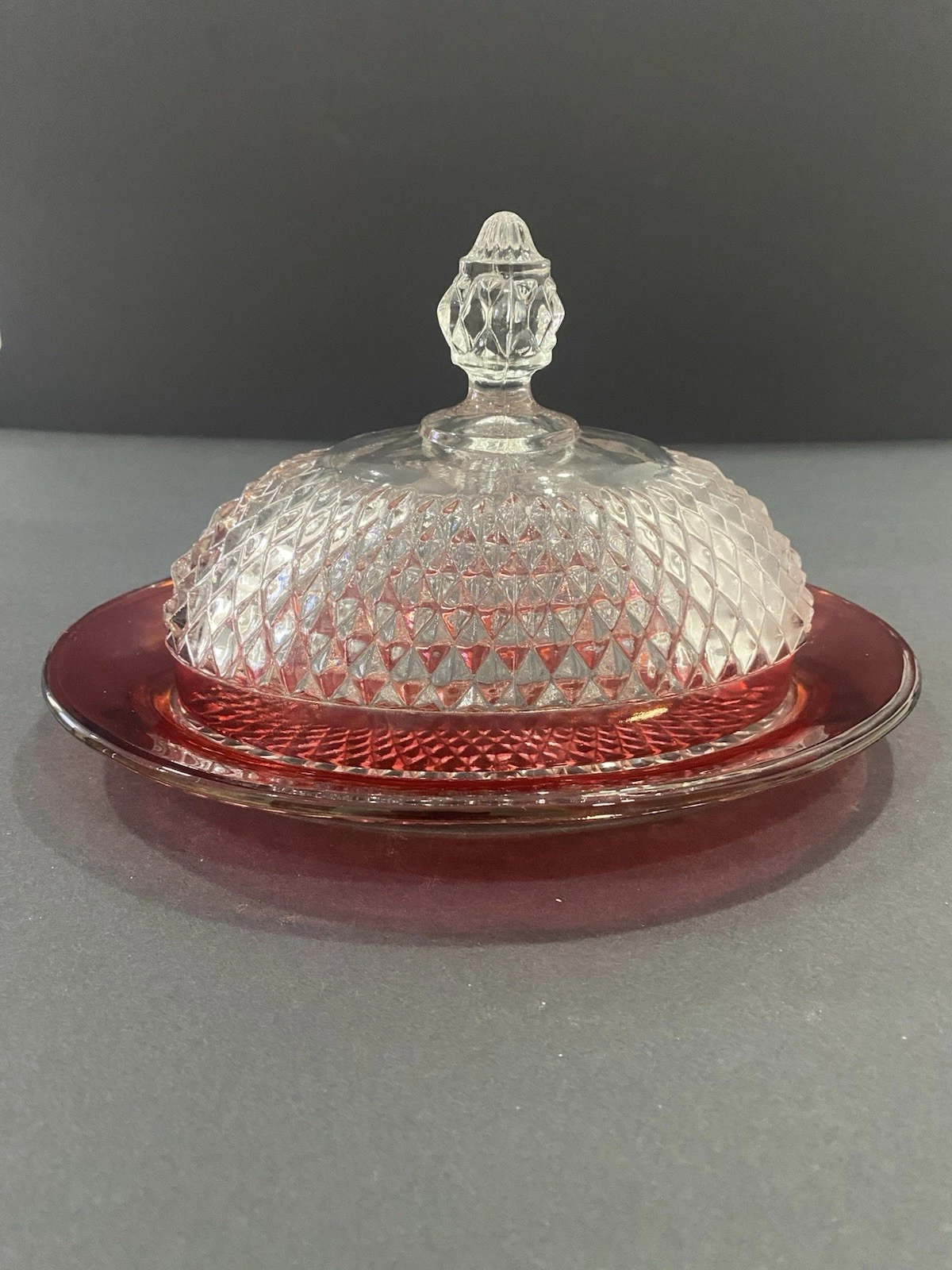 VTG Indiana Glass Diamond Point Ruby Flash Patterned Oval Covered Butter Dish