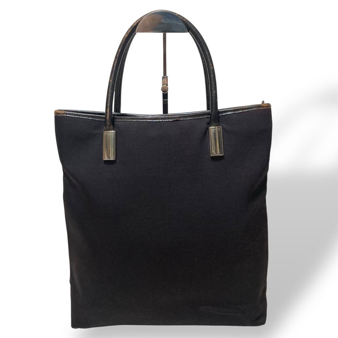 Vintage Gucci Nylon Tote Bag with Leather Logo Black 13x5x12 in Pre-Owned
