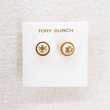 Tory Burch Melodie Dome Stud Earrings White Pearl Gold Logo Luxury Classic