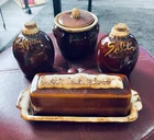 Hull Pottery Butter Dish w Lid , Salt & Pepper Set & Sugar Bowl wLid Brown Drip