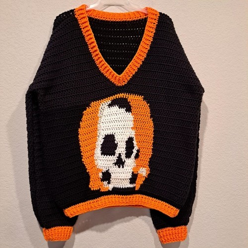 Handmade Crocheted V-neck Skull Sweater Halloween Orange Black Oversized Plus 3X - Picture 5 of 7