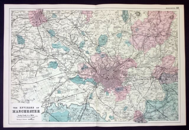 DINTORNI DI MANCHESTER mappa originale antica atlante FERROVIE Bacon 1890- DINTORNI DI MANCHESTER mappa originale antica atlante FERROVIE Bacon 1890-