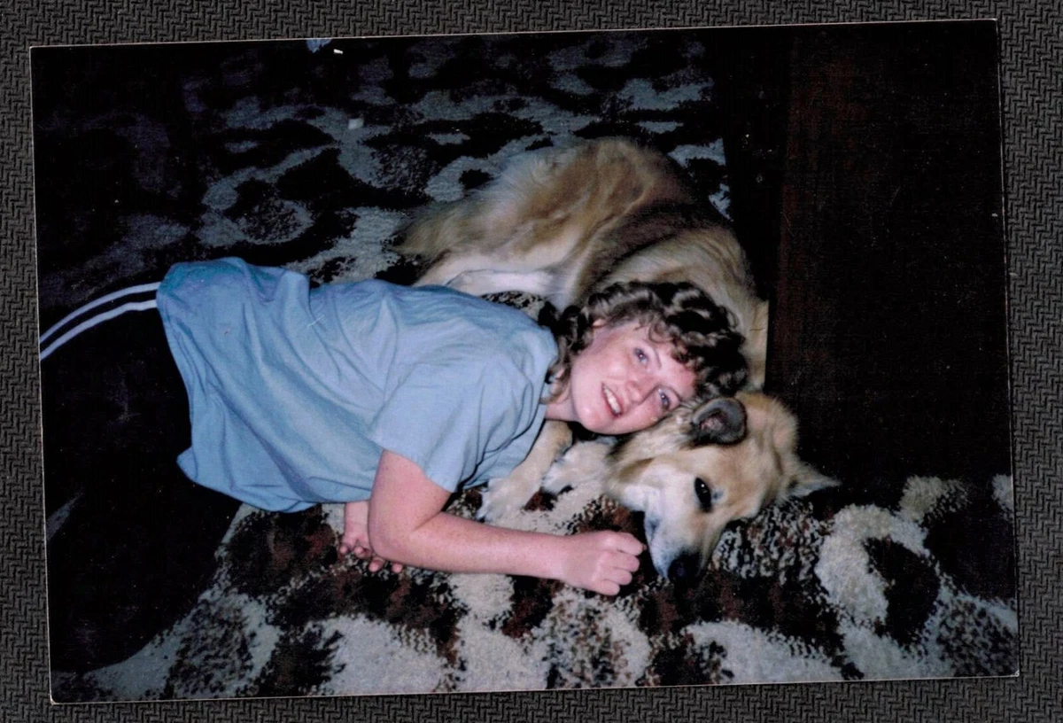 Vintage Photograph Young Woman Using Puppy Dog as Pillow on Floor