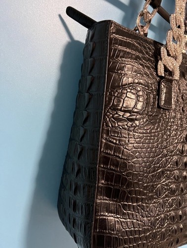 New Raviani Genuine Leather Croc Design Large Black Tote with Chain Strap - Picture 5 of 6