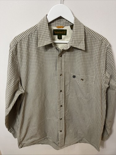 TIMBERLAND Pocket Logo Plaid Check Long Sleeve Button-Up Shirt Large Beige - Picture 7 of 10