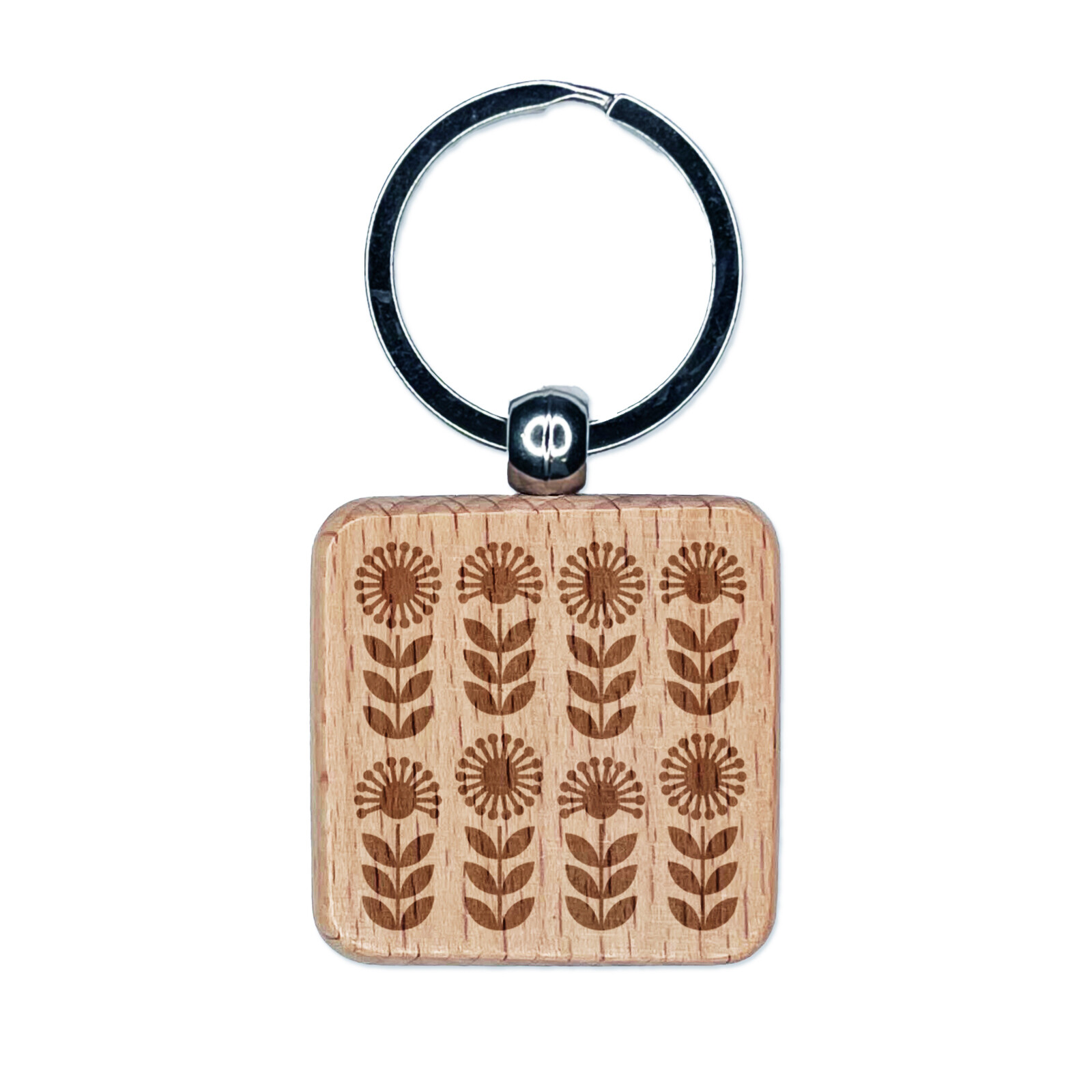 Scandinavian Sunflower Engraved Wooden Square Keychain Charm  