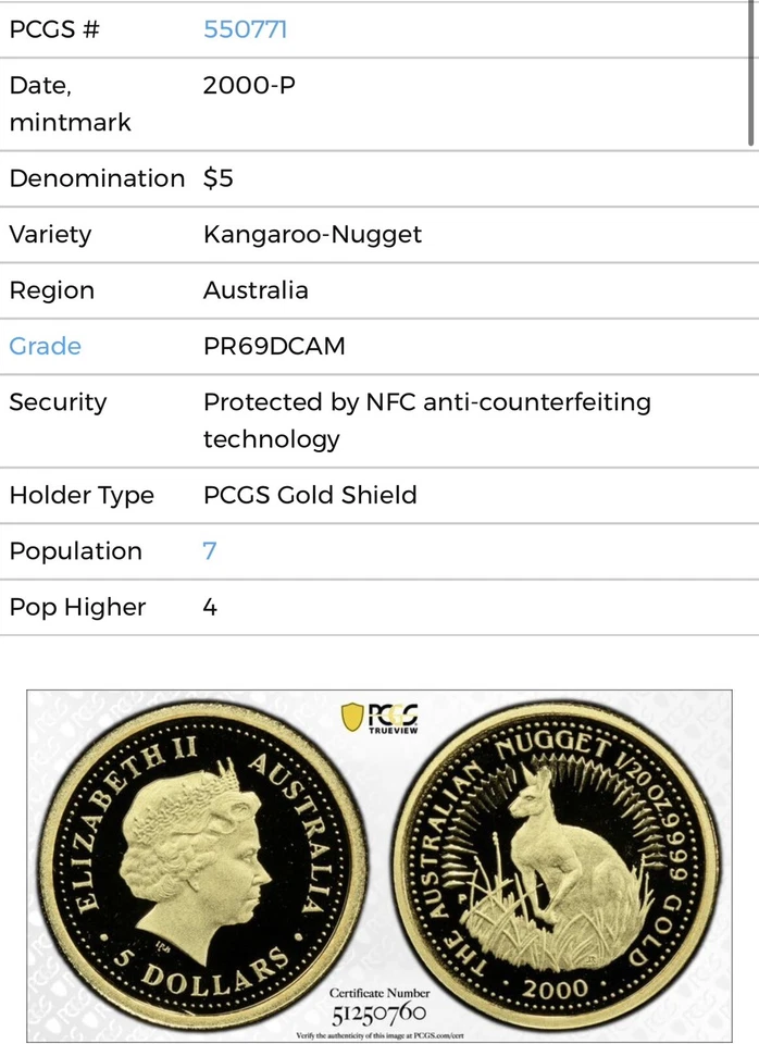 2000 $5 Australia 1/20 Oz Gold Proof Kangaroo / Nugget Coin • PR69 DCAM • POP 7 - Image 2 of 4