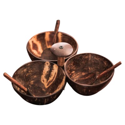Natürliche Kokosholz Muschel Schüssel Trio Set mit 3 Löffeln für Dips, Zucker, Saucen