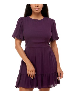 B DARLIN Womens Purple Tie Back Lined Pouf Sleeve Short Dress 1314