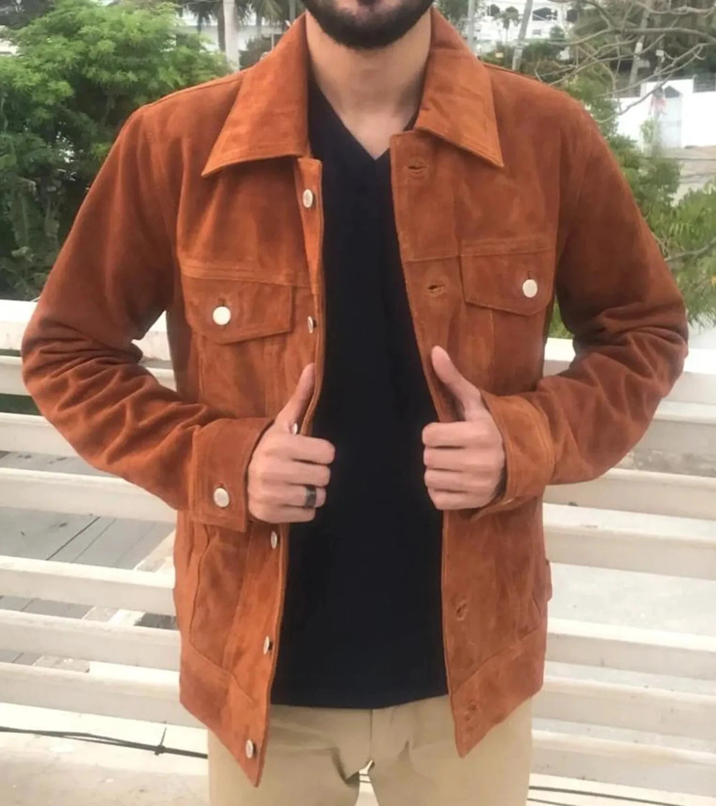 Men’s Trucker Jacket Authentic Real Suede Leather Western Cowboy Style Tan Coat