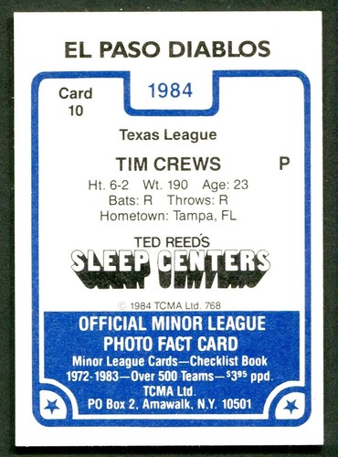 (1) Tim Crews 1984 TCMA #10 RC Rookie Auto Autograph EXTREMELY RARE!!! 1st CARD! - Picture 2 of 2