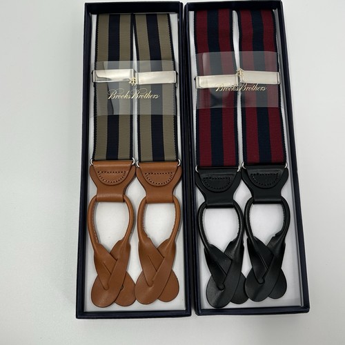 Brooks Brothers Hosenträger 2er Set hellbraun marine rot gestreift Herren Leder verstellbar