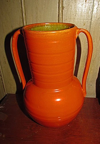 Stangl pottery Art Deco 2 handle chrome orange vase ridges glazed interior