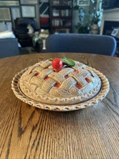 Vintage Ceramic Cherry Pie Keeper Dish With Lid Cottagecore Dessert Display