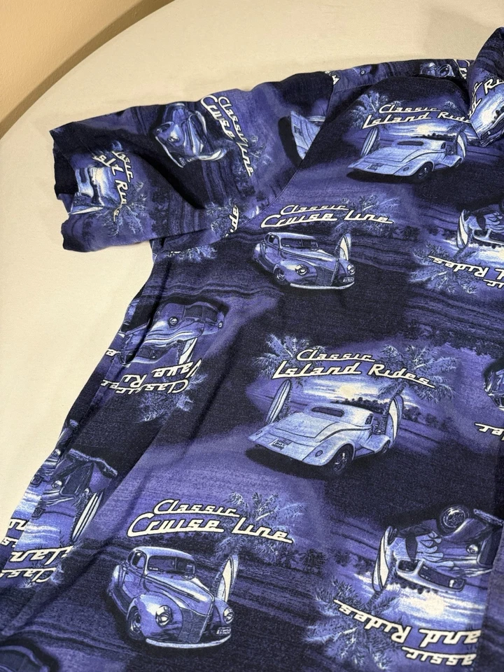 George 2XL Classic Island Rides Hot Rod Car Hawaiian Shirt Rayon Aloha Blue - Image 3 of 4