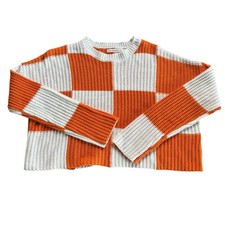 Moon Madison Boho Checkered Orange Cropped Relaxed Sweater Knit Pullover Sz S