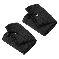 2Pcs 12"x12" Golf Towels Tri-Fold Waffle Pattern Towels with D Clip Black