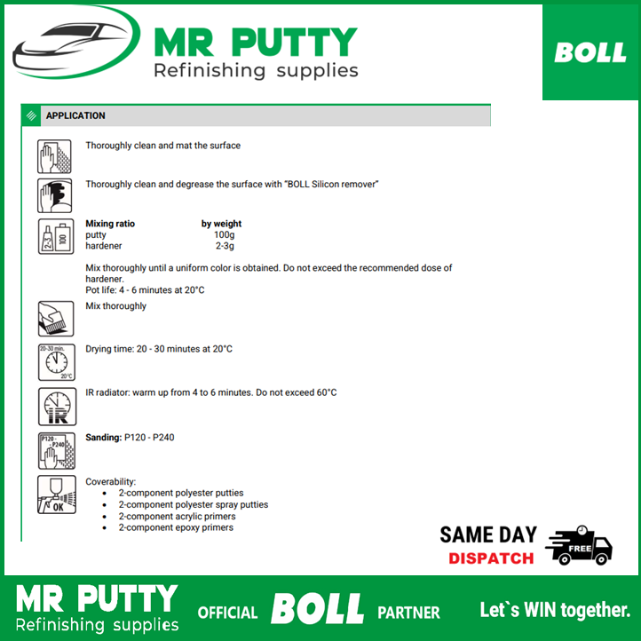 BOLL Soft Putty 1.8kg Light Grey Polyester Body Filler KIT + Hardener Repair