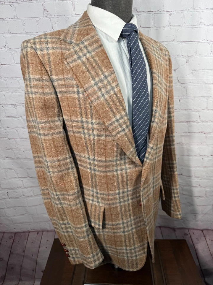 男式棕色 GLEN PLAID 斜纹羊毛经典合身运动外套西装外套夹克 42L — 第 3/4 张图片