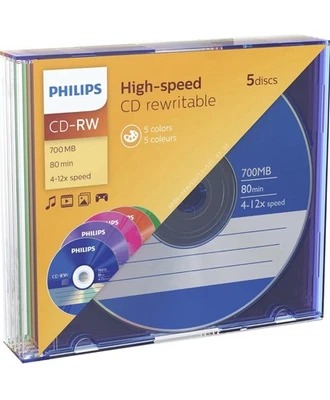 Philips CD-RW 80MIN Blank Disc Colour 700MB 4-12 X Speed Slim Case Pack of 5 - Image 1 of 2