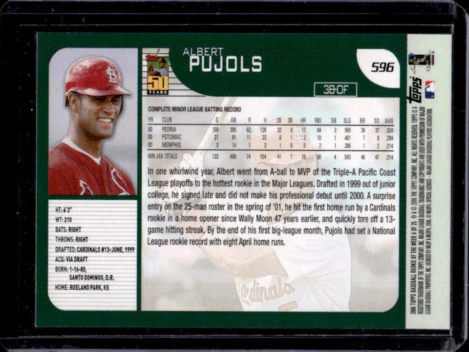 2006 Topps Albert Pujols Rookie of the Week #6 Cardinals - Image 2 of 2
