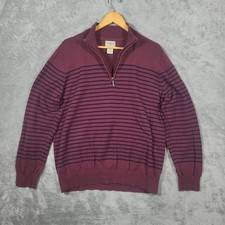 LL Bean Sweater Mens Large Burgundy Striped 1/4 Zip Cotton Cashmere Pullover