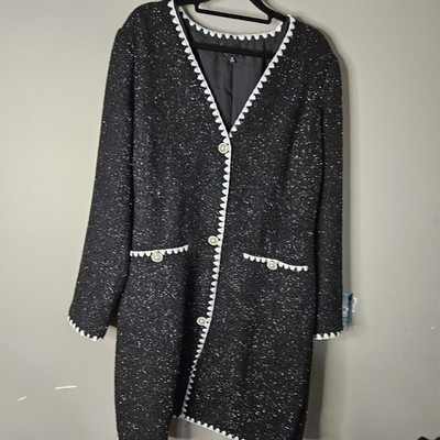 Alexis Admor  Women's Black White Pearl Button Trim Long Overcoat Size 10