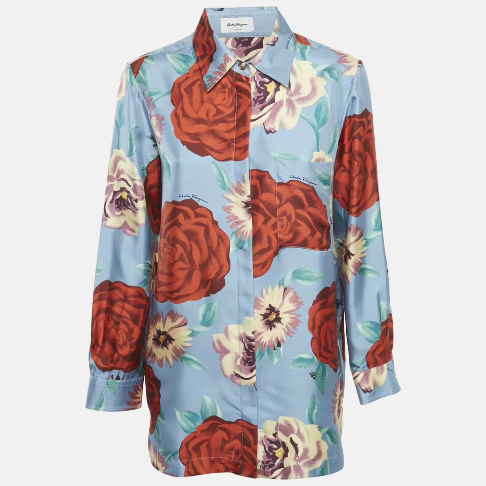 Camisa Salvatore Ferragamo Azul Estampado Rosa Seda Manga Larga M