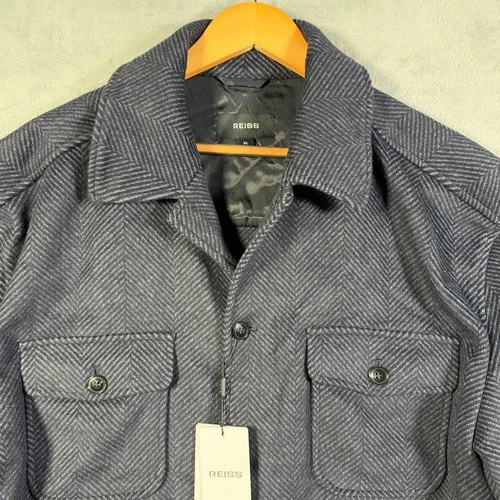 Reiss Jacket Mens XL Navy Compton Herringbone Wool Blend Overshirt $298 - product listing photo