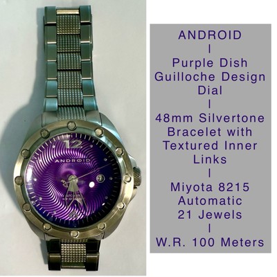 Auto Purple Guilloche Dish-Dial | Slvrtn Textured Bracelet | 48mm ANDROID Watch