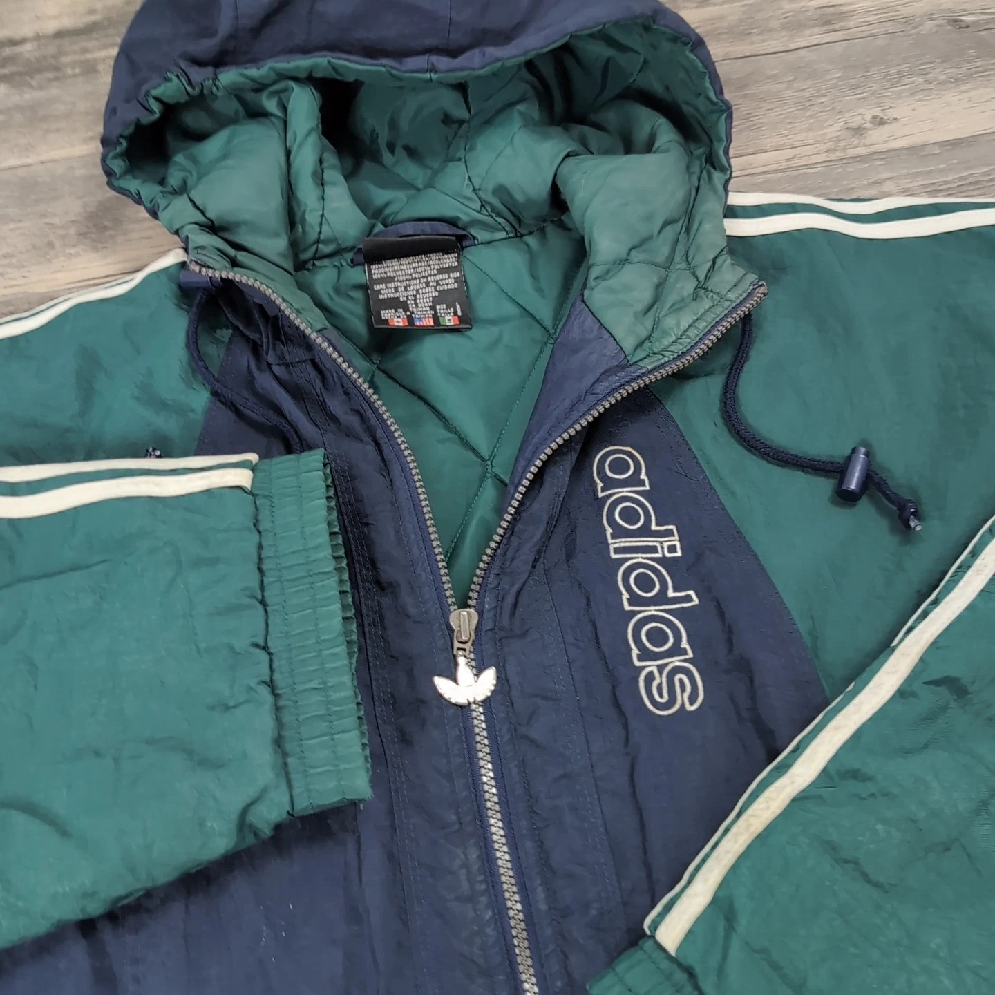 Vtg 90s Adidas Puffer Jacket Mens L Color Block Embroidered Full Zip HoodTeal