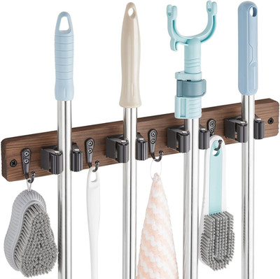 OUTNILI Mop and Broom Holder Wall Mount - Wood Broom Mop Hanger - Wall Mounted .