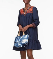 J Crew Dress M Medium Navy Blue Orange Embroid Puff Sleeve Pockets Cotton Poplin