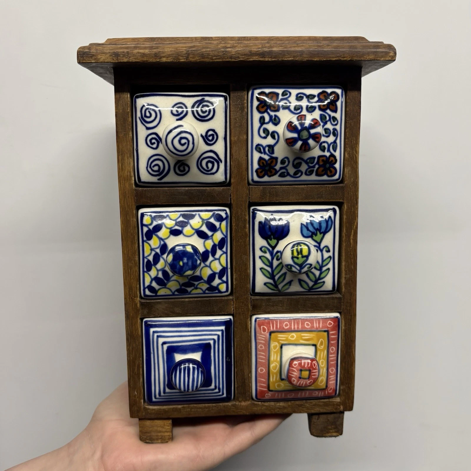 Vintage Pier 1 Apothecary Multi-purpose Spice Tea Cabinet Wood, Porcelain Drawer
