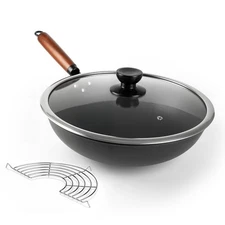 Abangdun Carbon Steel Wok 13-Inch Round Bottom Wok with lid StirFry Pan Nonstick