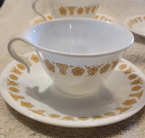 1970s Corelle By Corning Butterfly Gold Hook Handle Cup And Saucer Set of 4 MCM - Picture 2 of 5
