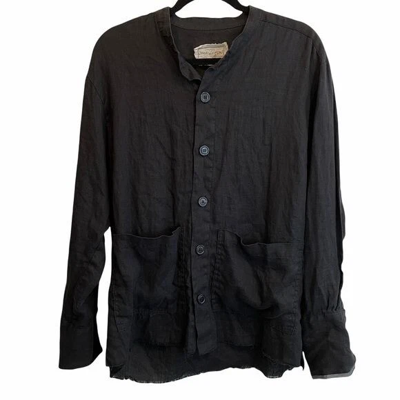 Greg Lauren Black Linen Studio Shirt Long Sleeve Button Front Size