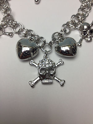 HEARTS & SKULLS  SILVER CHARM BRACELET  7'' - 9''  COOL FASHION JEWELRY  NEW n BAG