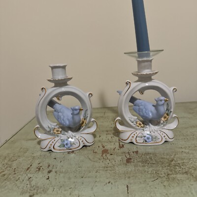 VINTAGE GERMANY WKG #10197 BLUE BIRD CANDLESTICKS CERAMIC 7 INCHES