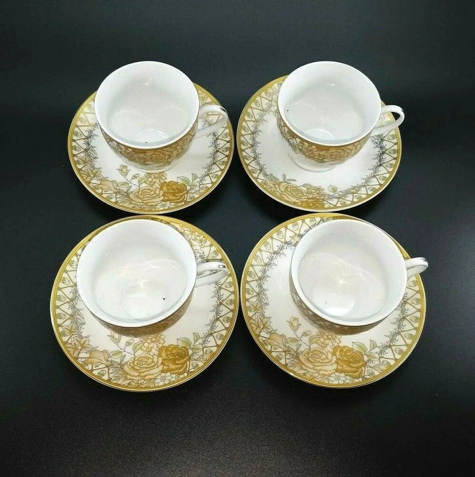 4 x Tea Cups & Saucers 24 Ct Gold Floral Japan Porcelain Yellow Roses - Image 3 of 4
