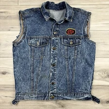 Vintage 80s Roots Denim Cutoff Vest STP Racing Patch Fits Men’s Medium Biker