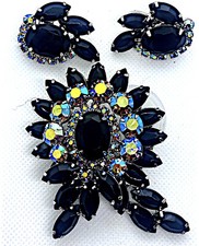 Vintage Verified Juliana Large Black Navettes AB Rhinestone Brooch & Earring Set