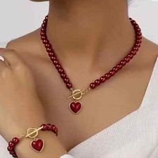 Beautiful Heart Pendant Necklace  Bracelet Jewelry Set Red Faux Pearl