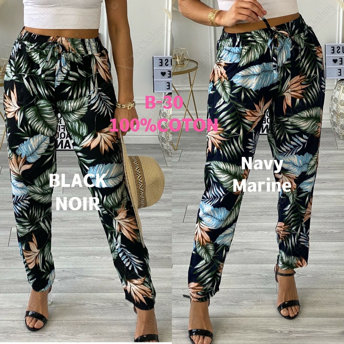 Ladies Trouser Women Cotton Tropical Leaf Print Elasticated Palazzo Harem  Pants | eBay