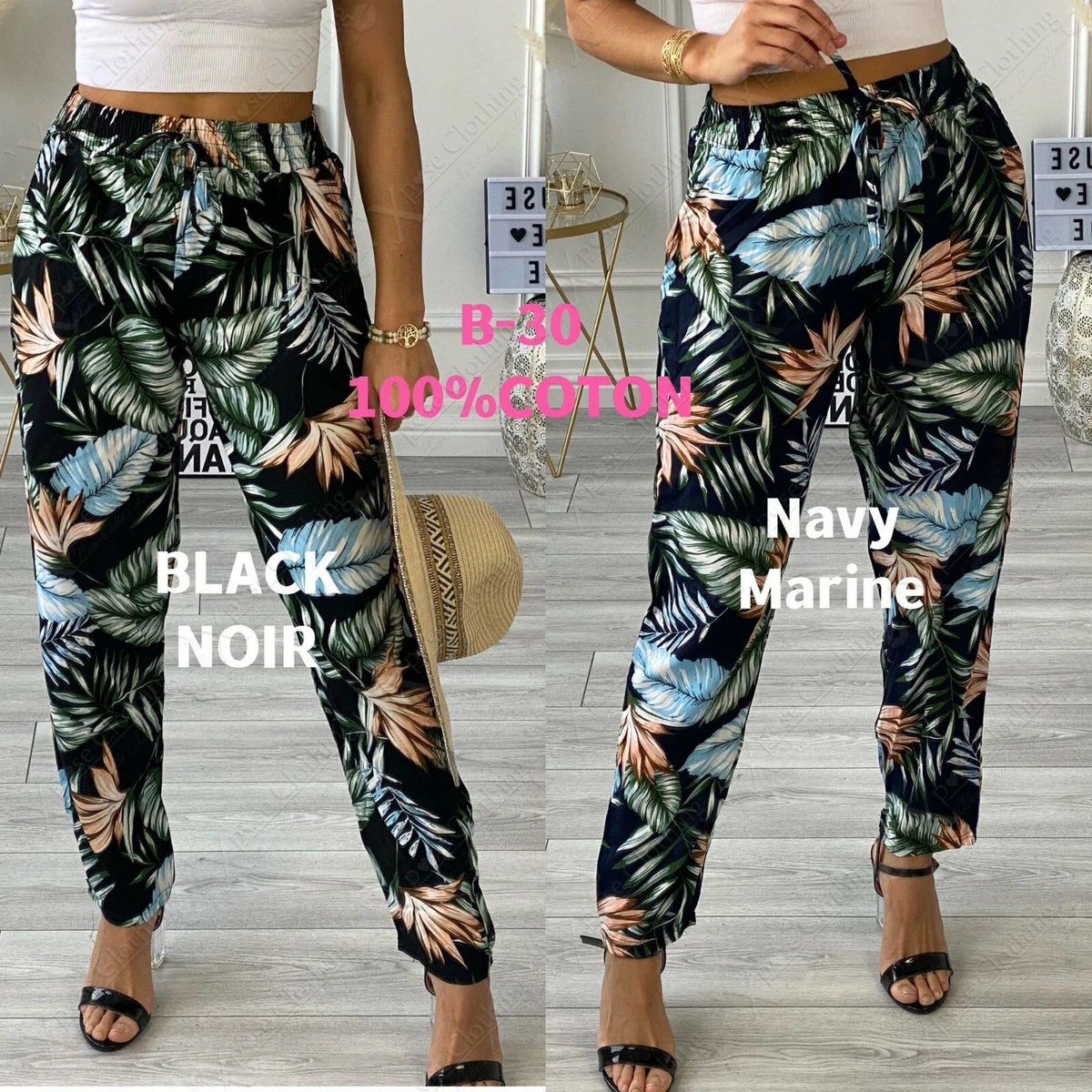 Ladies Trouser Women Cotton Tropical Leaf Print Elasticated