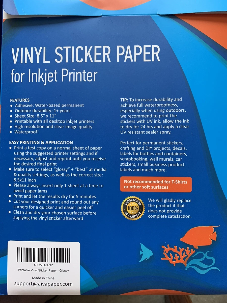 Aiva Vinyl Sticker Paper Water Resistant Glossy Paper Inkjet Printer 15  Sheet | eBay