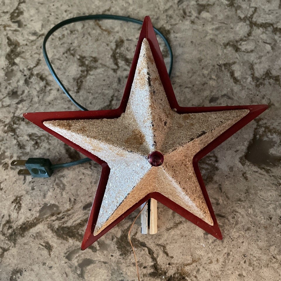 Vtg 1950s Metal Christmas Star Tree Topper White & Red With Glitter